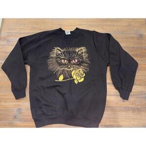 Vintage Cat Crewneck Sweatshirt Size Large Pullover Cute Cat Kitten Flower 1990s
